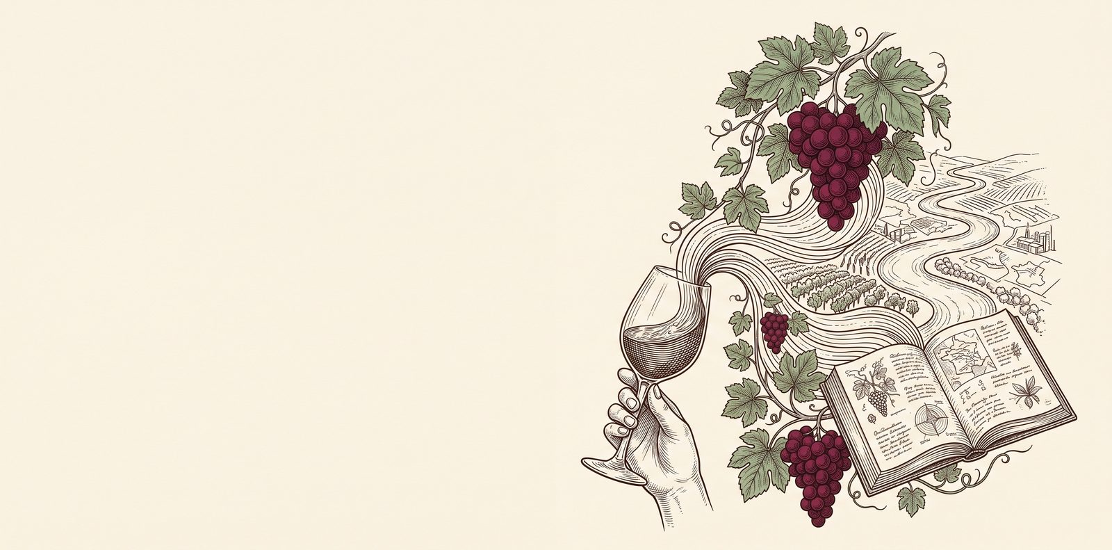 Illustration au trait : un verre de vin d'où naissent des rangs de vigne et un livre ouvert.