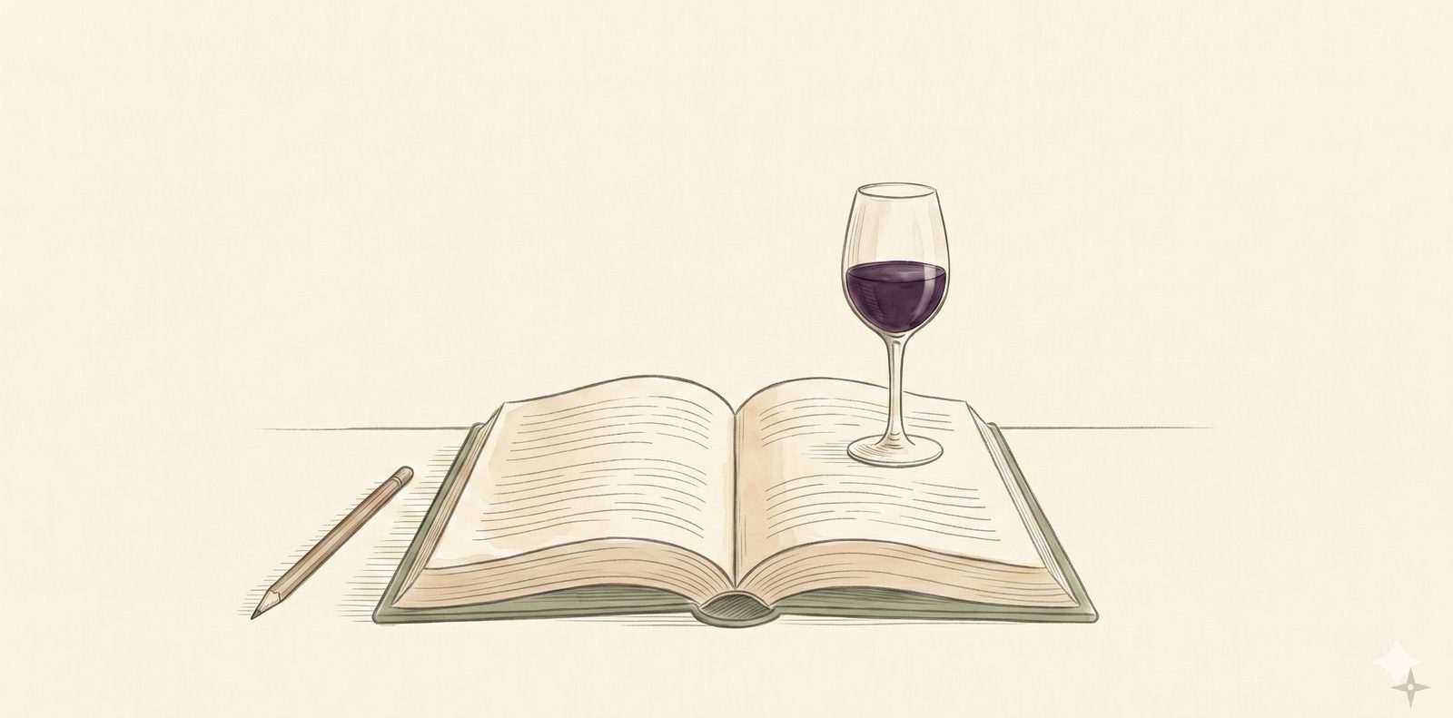 Illustration : un livre ouvert et un verre de vin posé dessus