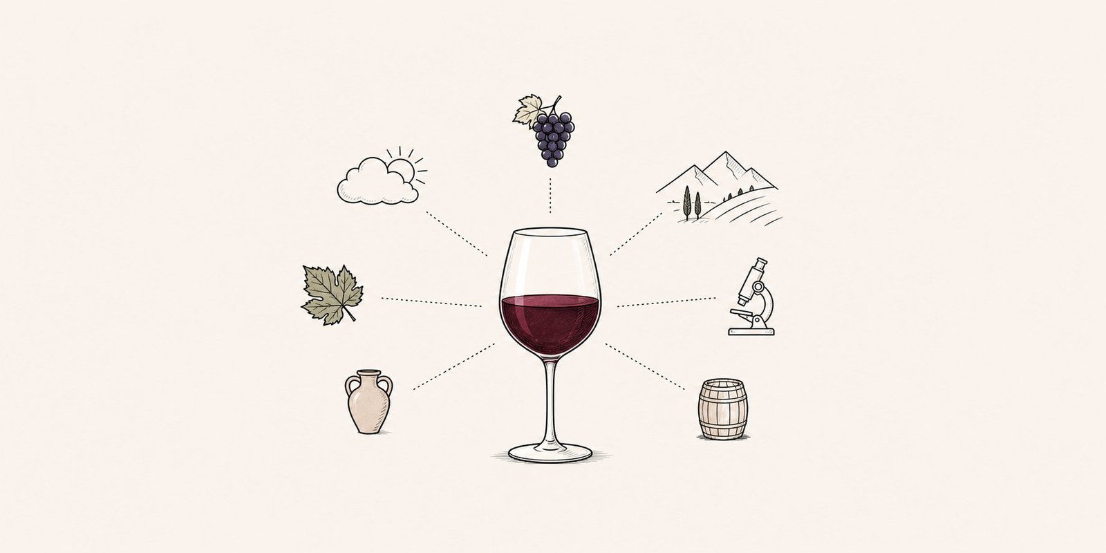 Verre de vin rouge entouré d'icônes — climat, raisin, paysage, microscope, fût, amphore, feuille de vigne