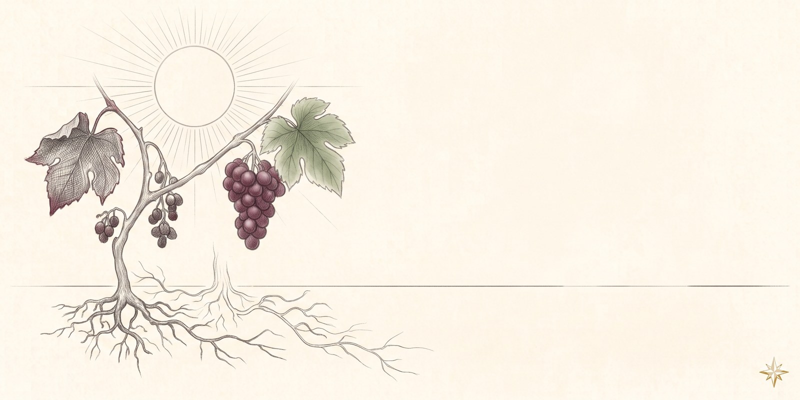 Un soleil chaud sur un rang de vignes, une feuille fraiche et une feuille seche, illustration crayon
