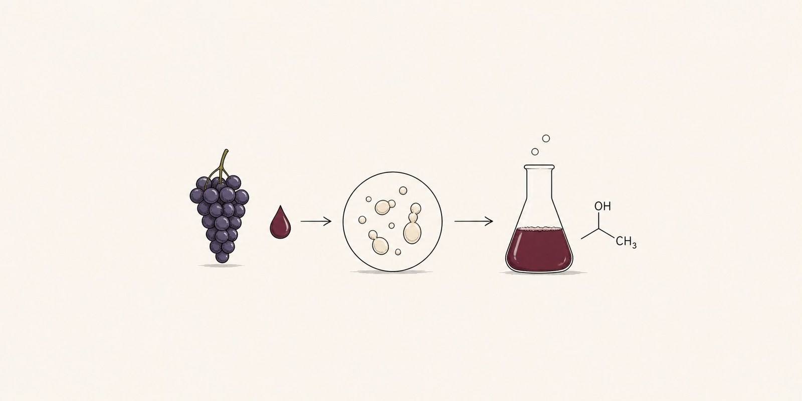 Schéma : grappe de raisin, levures, fiole de vin et molécule d'éthanol — la fermentation alcoolique