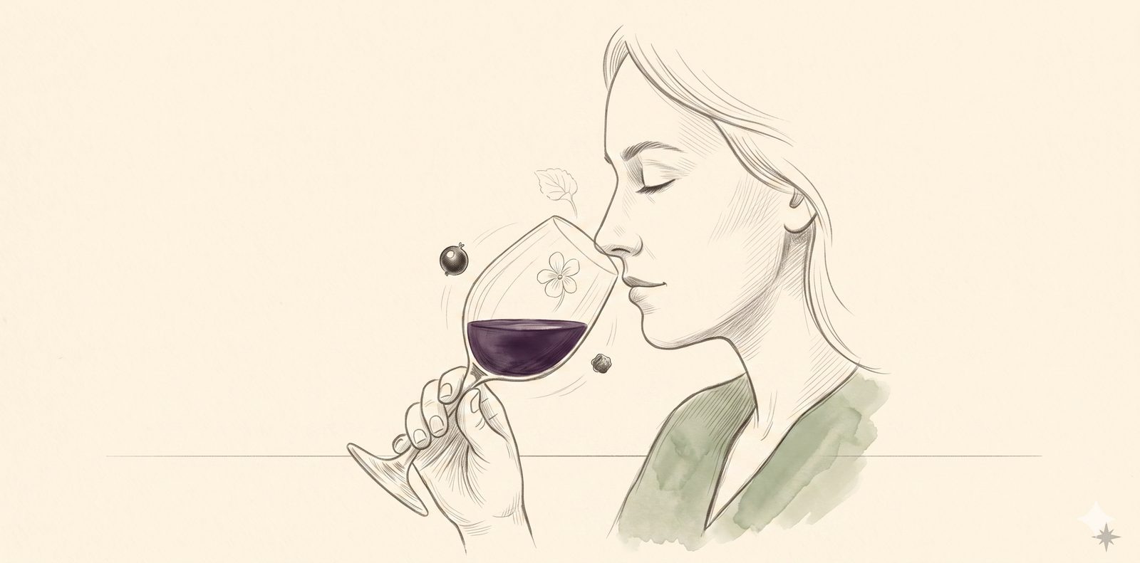 Illustration : une femme déguste un verre de vin rouge, les yeux fermés