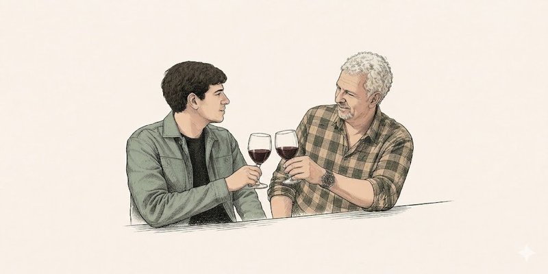 Lucas et Jean-Michel autour d'un verre de vin avec les Pyrénées en fond