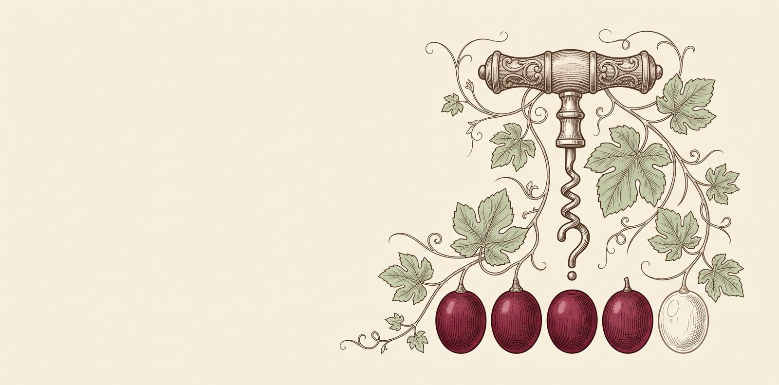 Tire-bouchon en forme de point d'interrogation au-dessus de cinq grains de raisin.