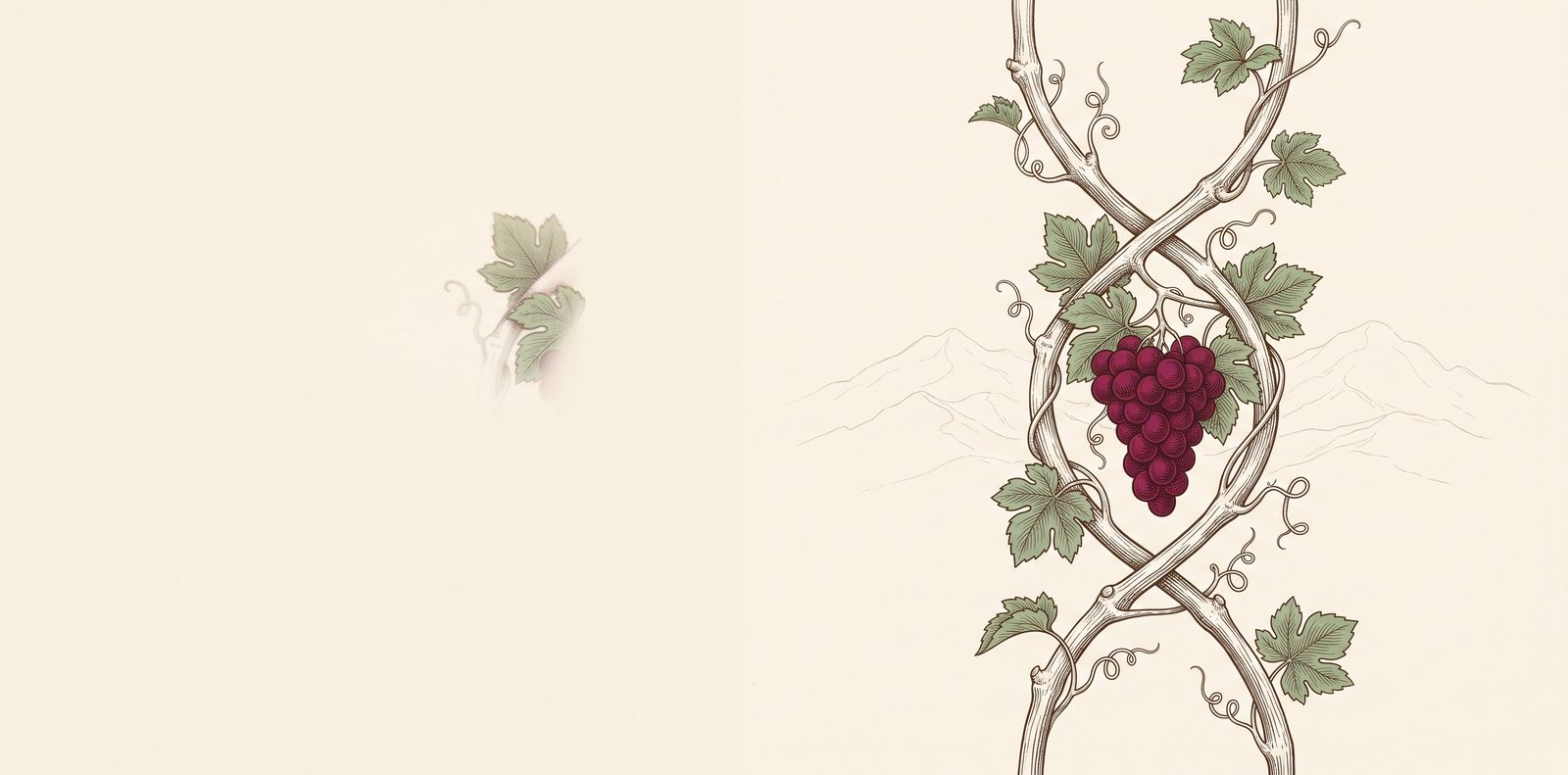 Deux sarments de vigne tressés en double hélice portant une grappe de raisin.