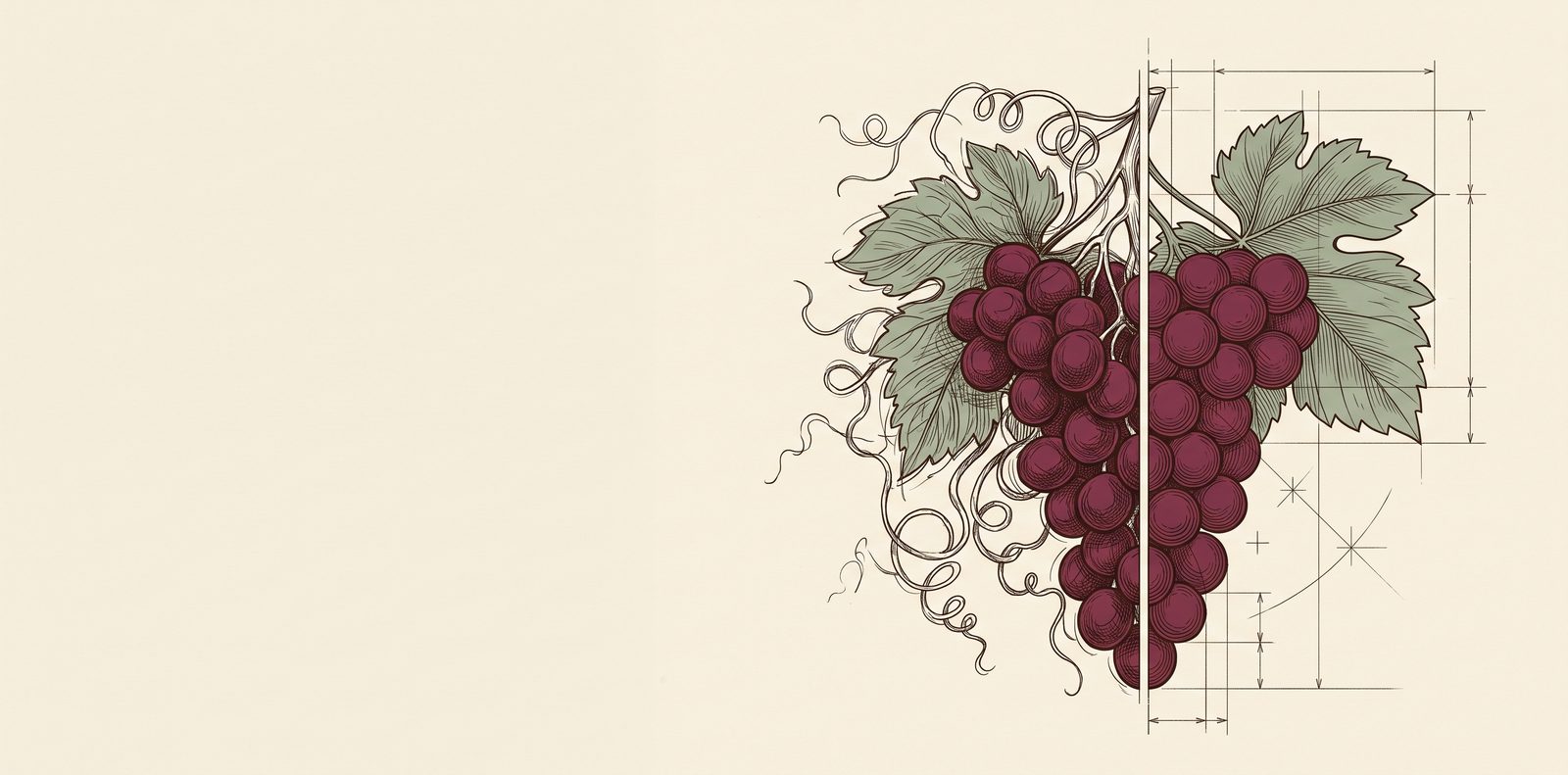 Grappe de raisin mi-dessin libre, mi-schéma technique aux lignes fines.